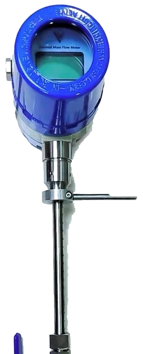 Real front-view blue Ventilumix thermal mass flowmeter head and insertion assembly